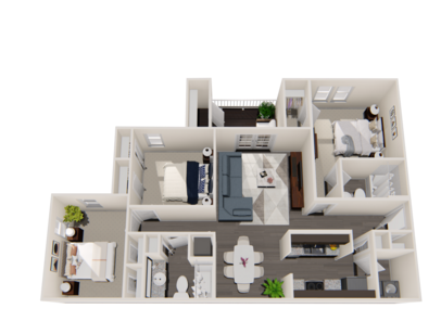 Floor plan for 3 beds, 2 baths, 1207 sqft